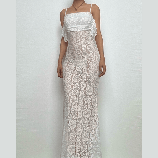 Lace ruched ruffle see through zip-up cami maxi dress