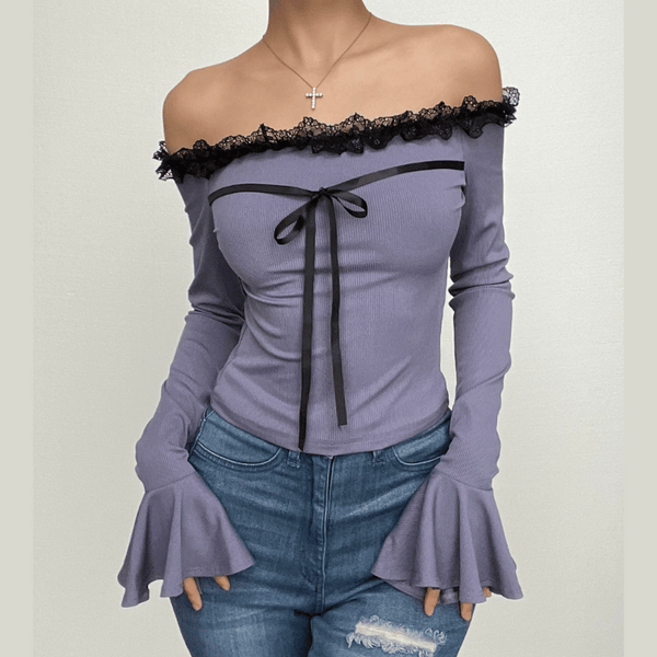 Long flared sleeve off shoulder bowknot lace hem top