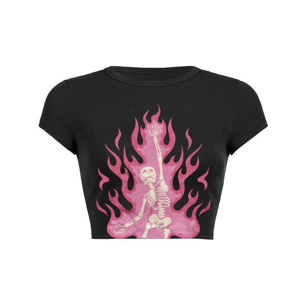 Pink fire skeleton print slant Baby Tee