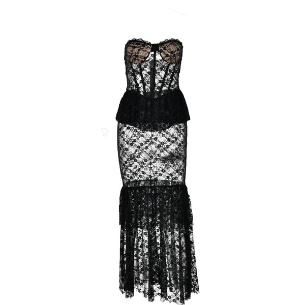 Sweetheart neck lace see through bustier ruched tube maxi dress