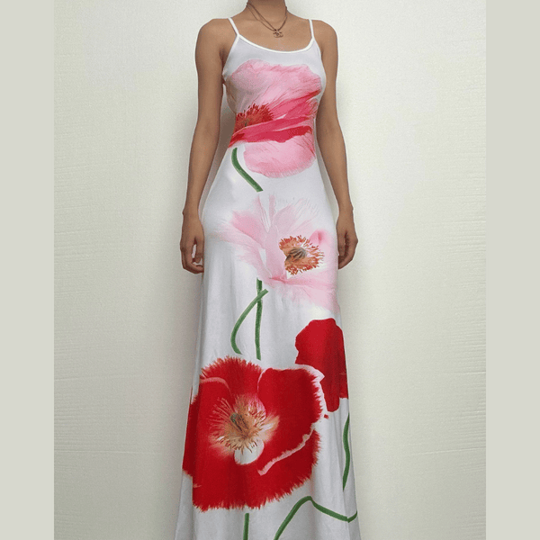 Vestido largo camisola con cuello en U y espalda descubierta con estampado de flores