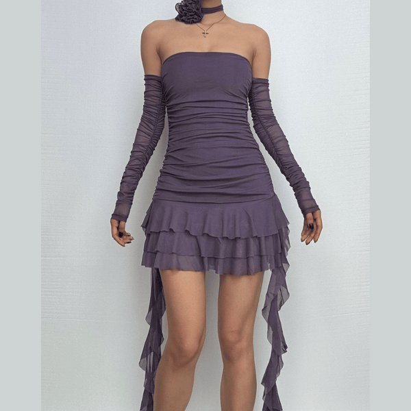 Long sleeve sheer mesh flower applique mini dress