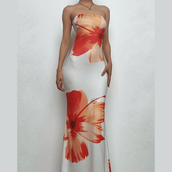 Satin flower print backless contrast tube midi dress