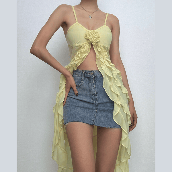 Rose applique ruffle u neck mesh cami top