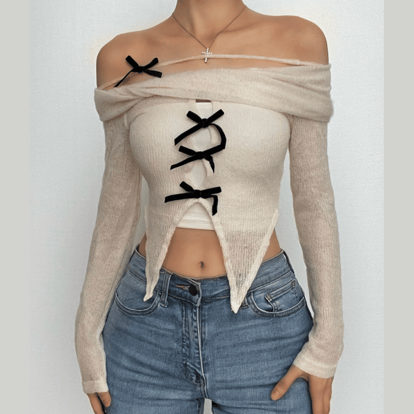 Off shoulder bowknot long sleeve contrast backless top