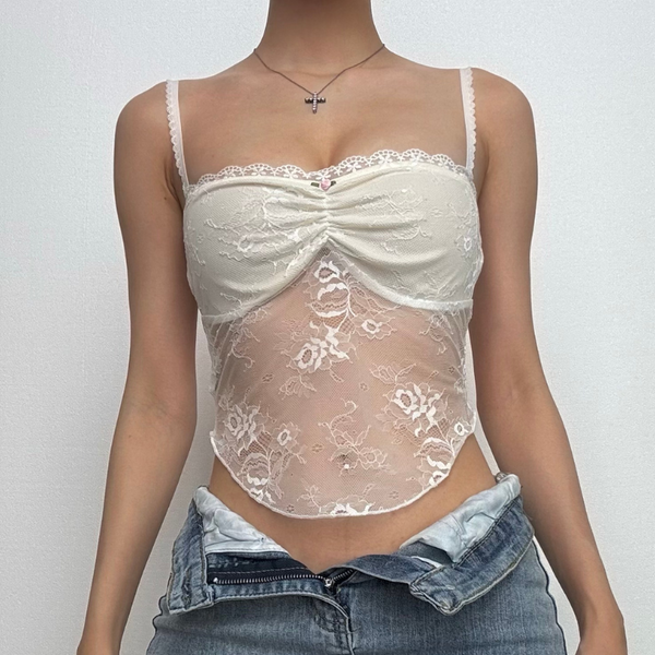 Ruched lace sweetheart neck flower applique cami top