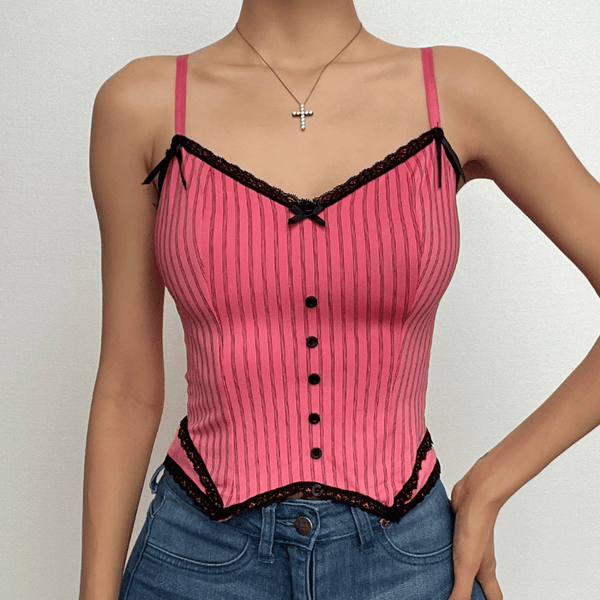 Button striped lace hem v neck contrast cami top