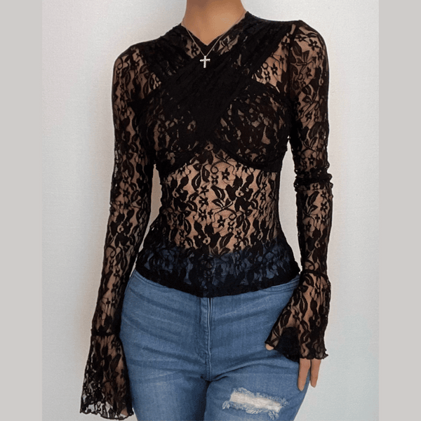 Lace cross front see through long sleeve solid top