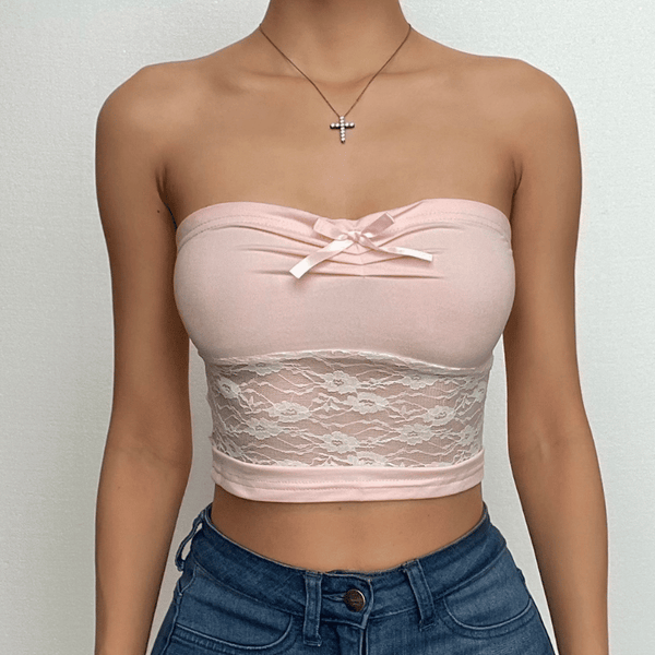 Lace patchwork sweetheart neck bowknot backless tube crop top