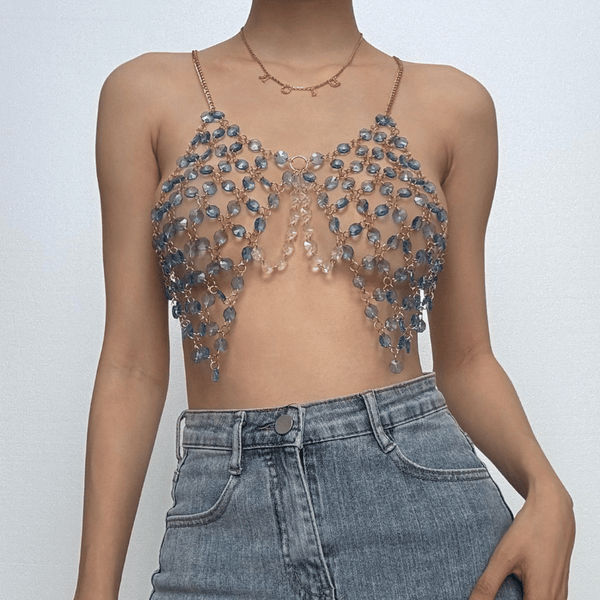 Beaded metal chain u neck backless layered cami top