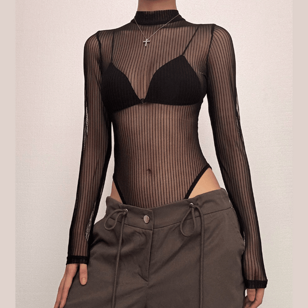 Long sleeve sheer mesh striped bodysuit