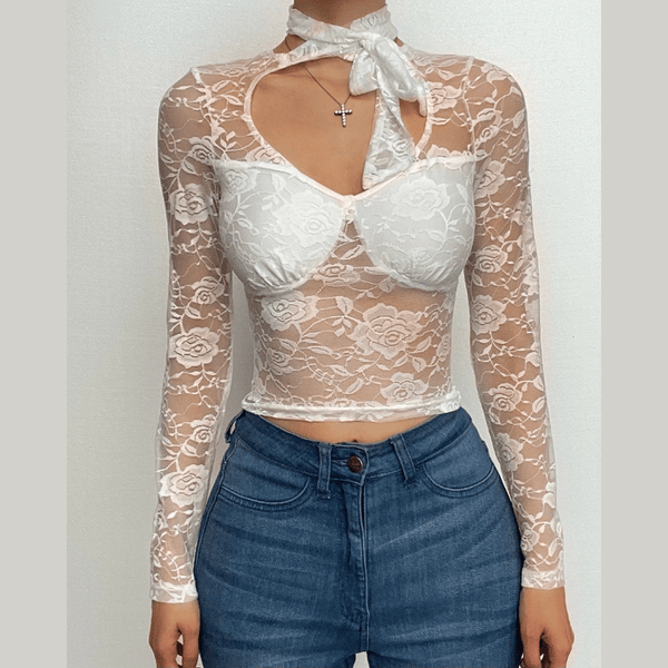 Self tie lace solid long sleeve hollow out top