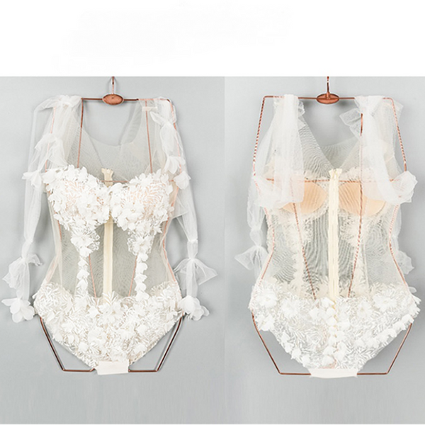 Lace mesh flower applique zip-up bodysuit