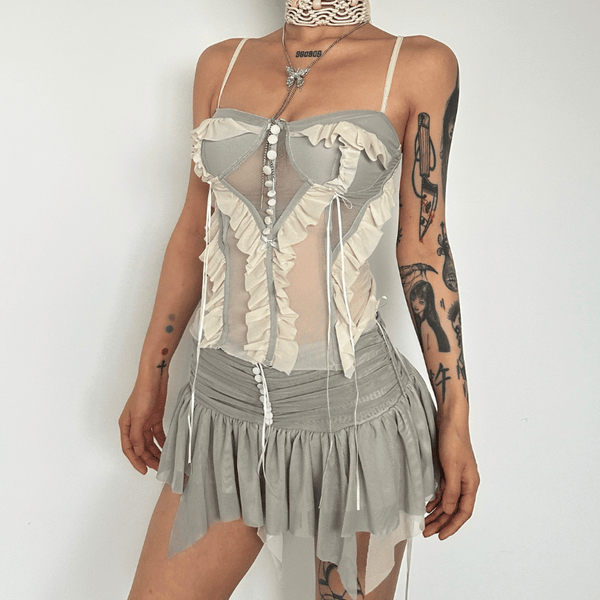 Mesh patchwork ruffle button contrast backless cami ruched skirt set