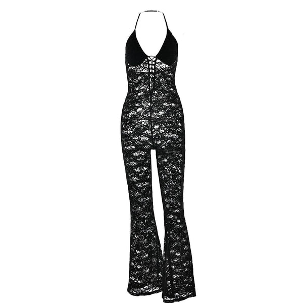 Halter lace lace up see through jumpsuit