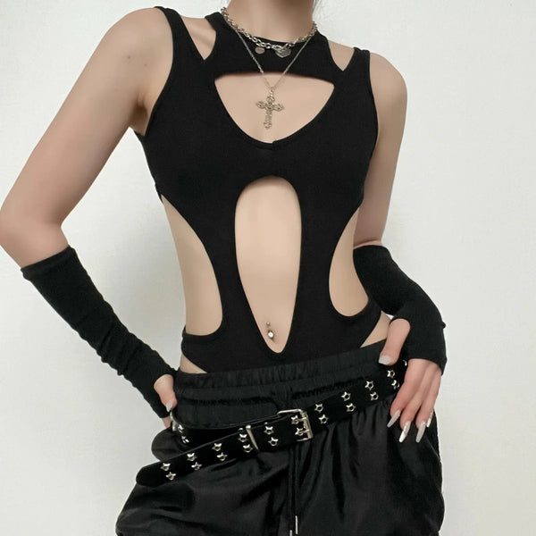 Hollow out sleeveless backless solid bodysuit