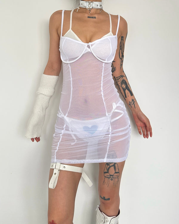 Sheer mesh see through solid low cut cami mini dress