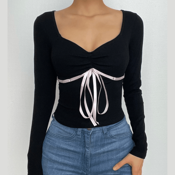 Bowknot ruched long sleeve contrast v neck top