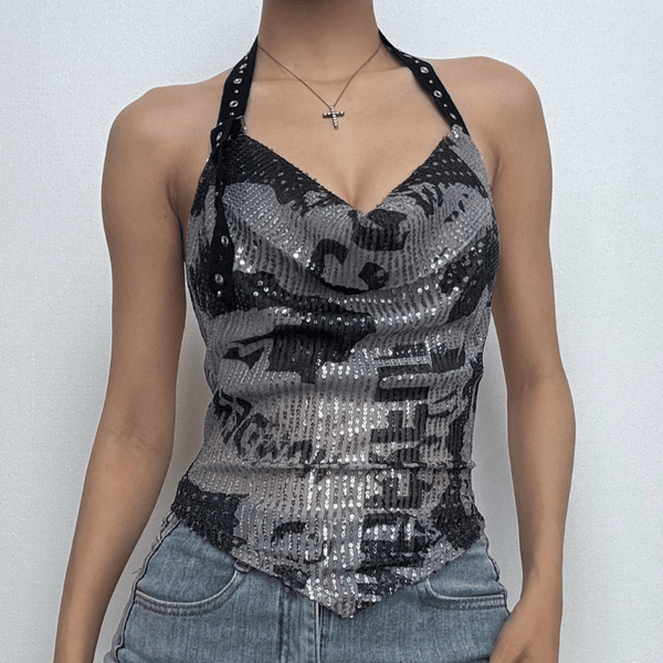 Halter cowl neck glitter buckle print top