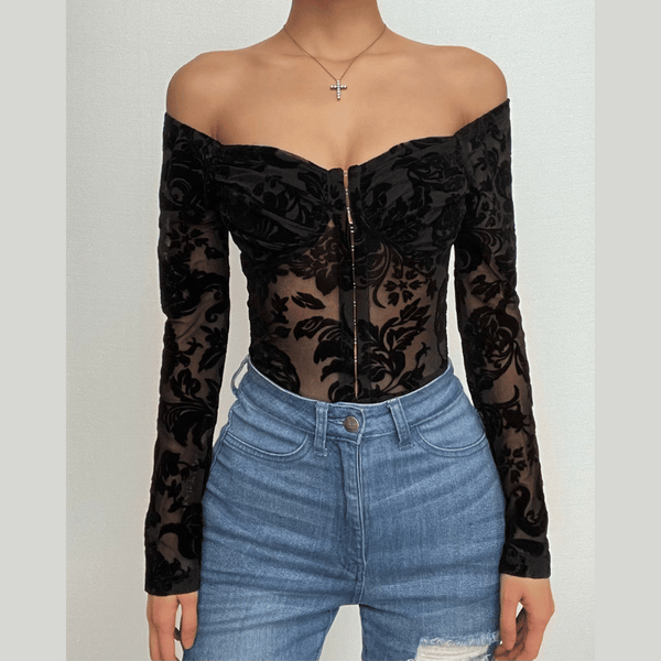 Button mesh solid off shoulder long sleeve bodysuit