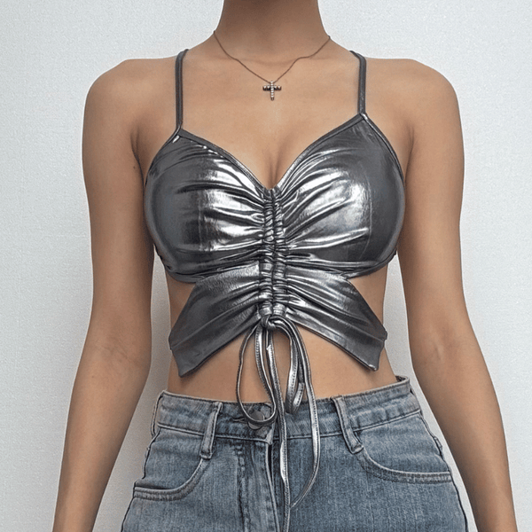 Drawstring ruched v neck metallic cami top