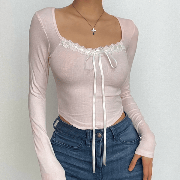 Ribbed lace hem long sleeve contrast square neck gloves crop top