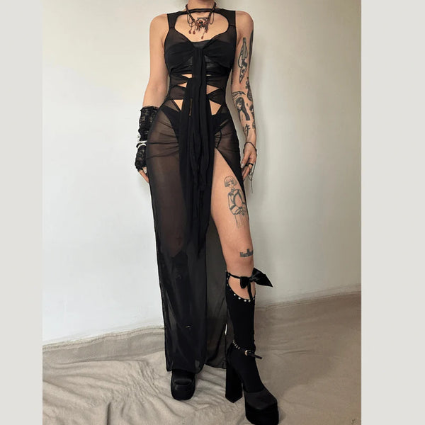 Sheer mesh see through knotted hollow out slit maxi dress
