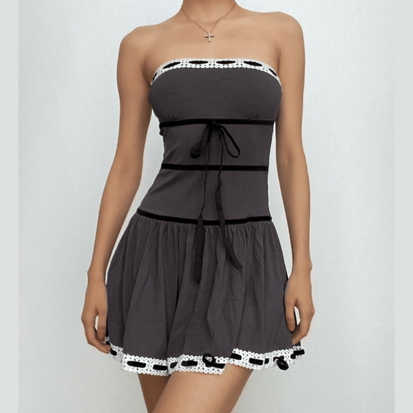 Ribbed lace hem contrast ruched backless tube mini dress