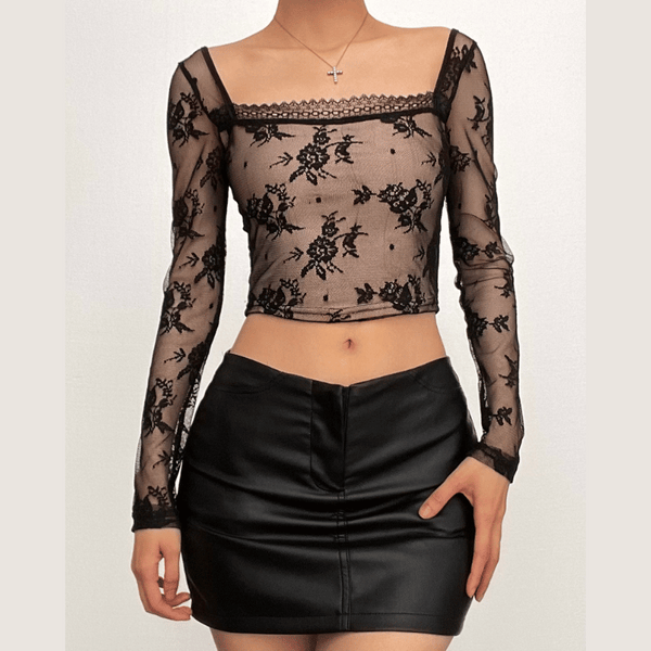 Long sleeve square neck lace patchwork top