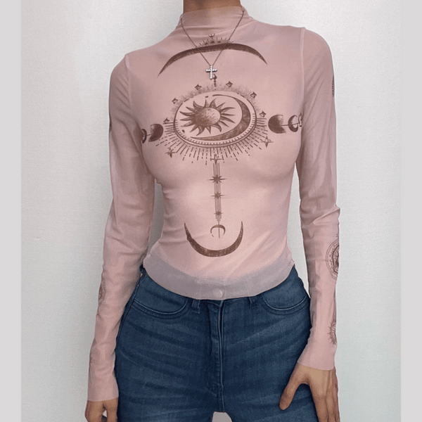 Sheer mesh abstract contrast see through long sleeve top