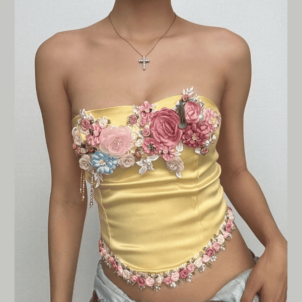 Satin bustier flower applique zip-up tube top