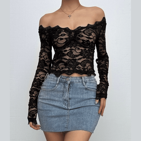 Long sleeve off shoulder see through lace top