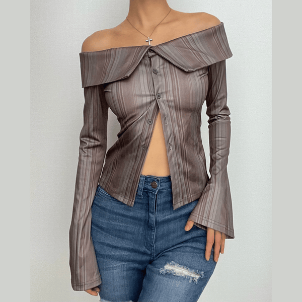 Striped off shoulder contrast long flared sleeve button top