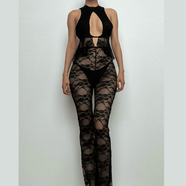 High neck lace hollow out ruffle see through pant set