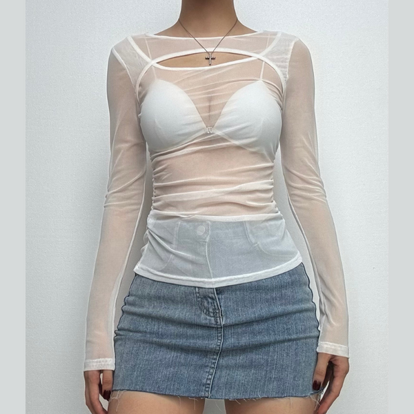 Long sleeve ruched sheer mesh solid top