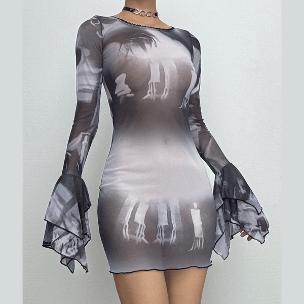 Long flared sleeve sheer mesh print ruffle mini dress