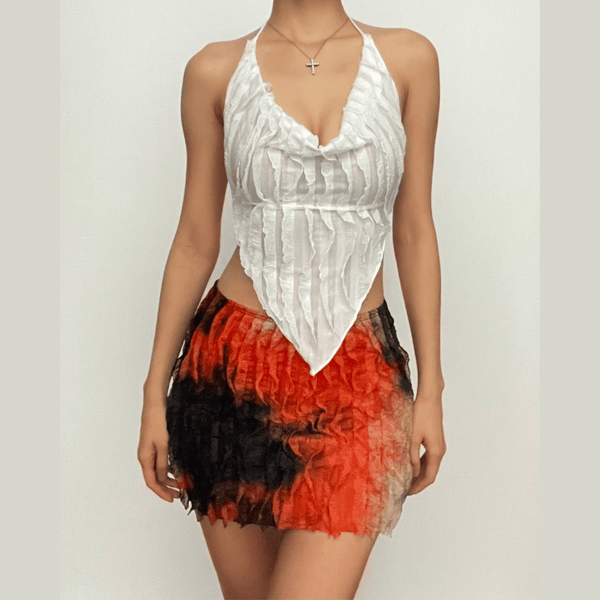 Halter cowl neck ruffle tie dye backless mini skirt set
