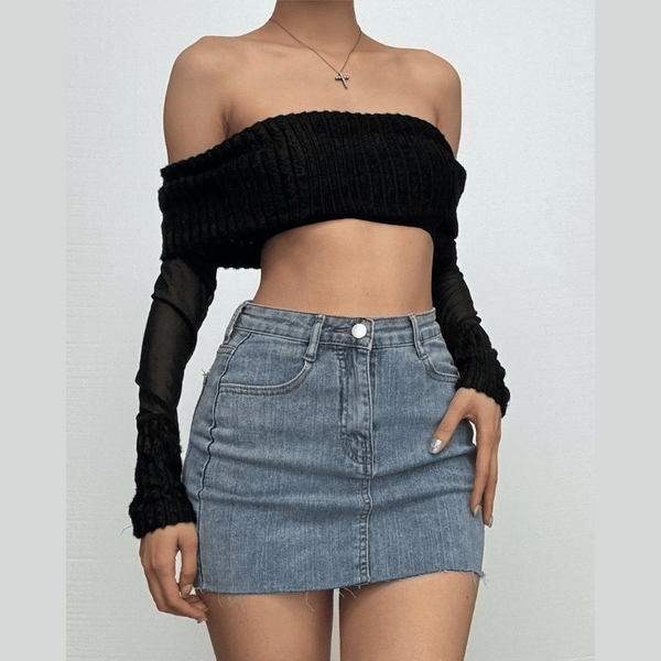 Long sleeve off shoulder ribbed patchwork mesh crop top