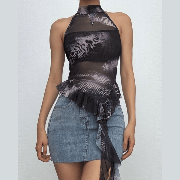 Halter ruffle print mesh irregular top