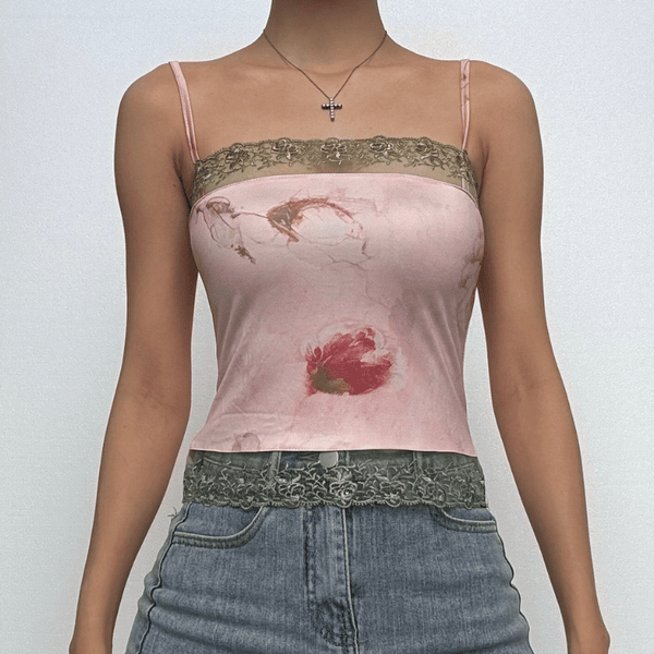 Lace hem flower print backless cami top