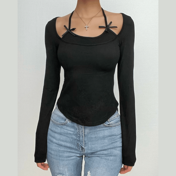 Bowknot long sleeve halter solid patchwork top
