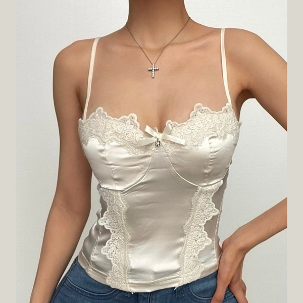 Satin lace hem stitch bustier bowknot solid cami top