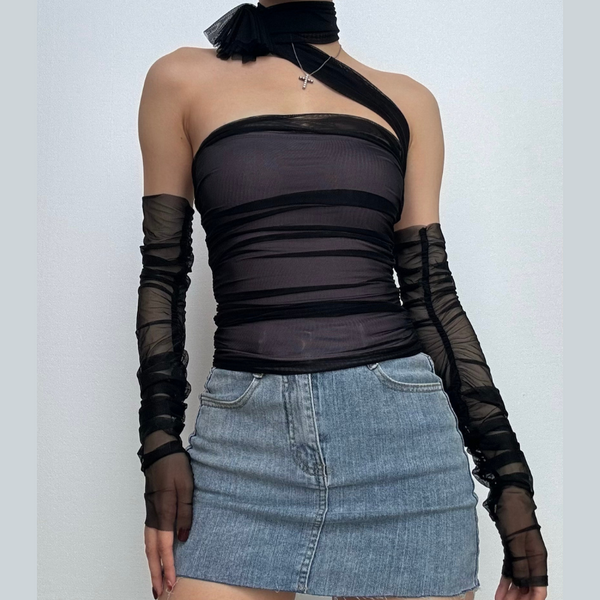 Halter off shoulder gloves mesh top