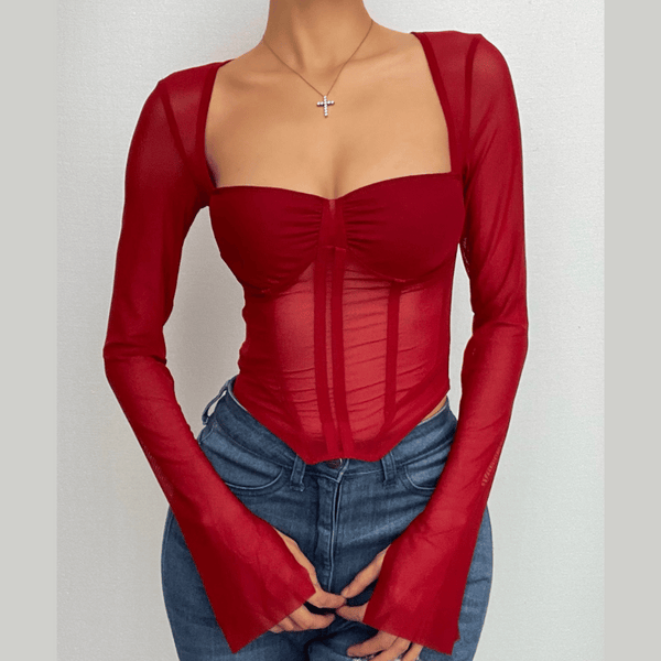 Corset mesh long sleeve solid ruched square neck crop top