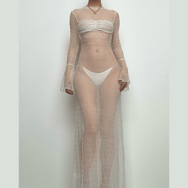 Long flared sleeve textured see through maxi dress