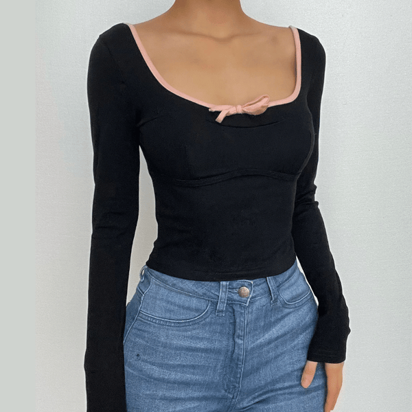 Square neck bowknot contrast long sleeve crop top