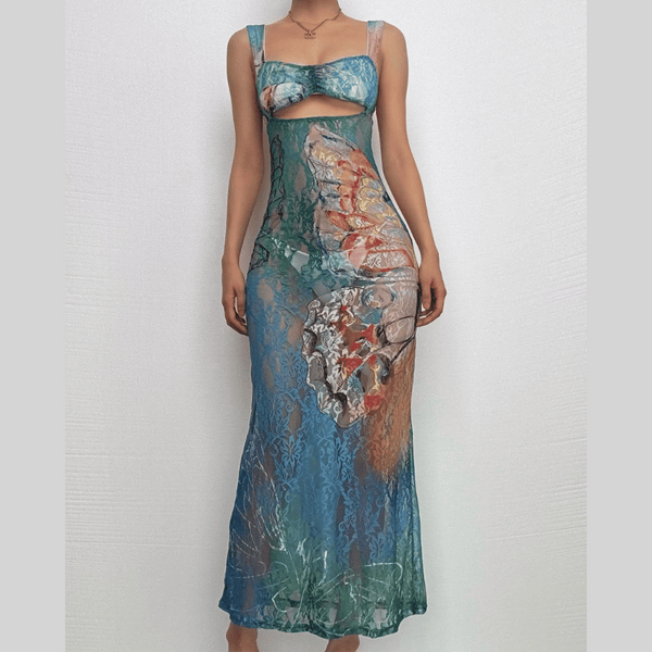 Hollow out butterfly pattern lace tie dye cut out maxi dress