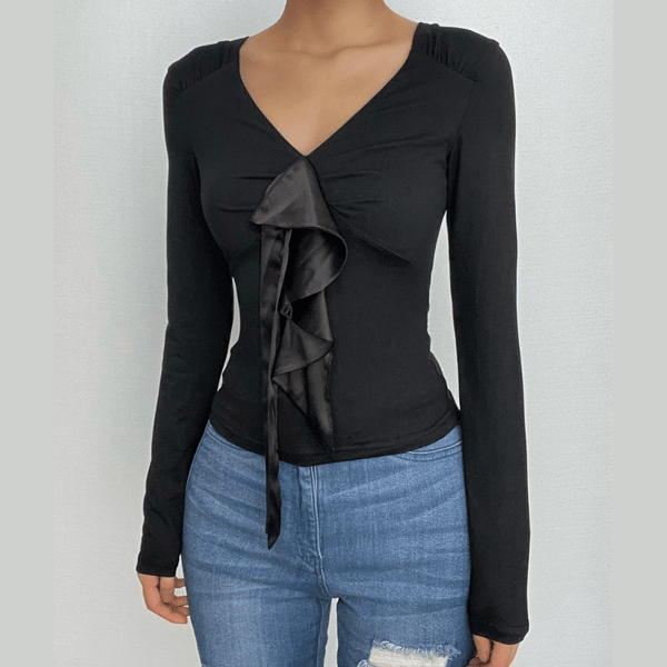 Patchwork solid long sleeve bowknot v neck top