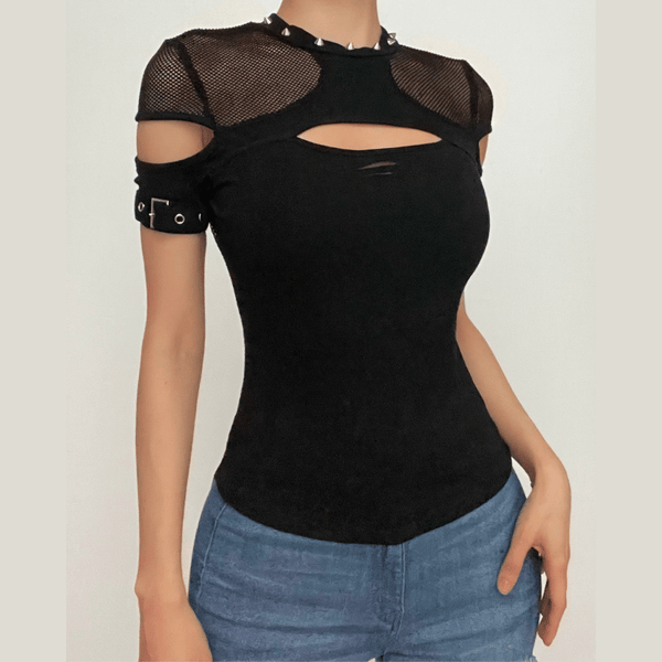 Fishnet patchwork hollow out short sleeve buckle cut out top