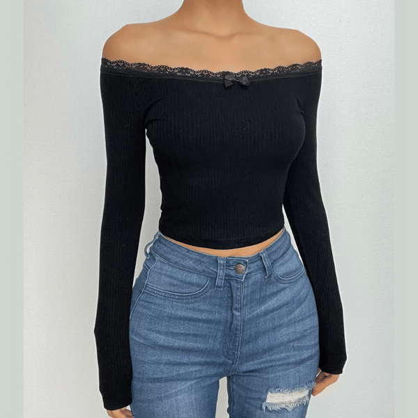 Ribbed lace hem bowknot round neck long sleeve solid top